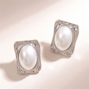 Graceful Pearl Fashion Square Shape Korean Wholesale Women Stud Earrings - Silver