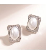 Graceful Pearl Fashion Square Shape Korean Wholesale Women Stud Earrings - Silver