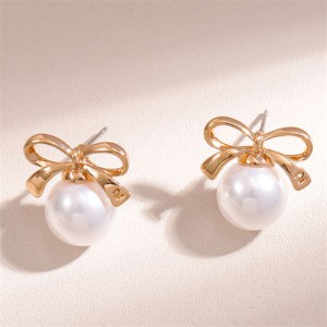 Cute Bowknot Pearl Fashion Korean Wholesale Women Stud Earrings