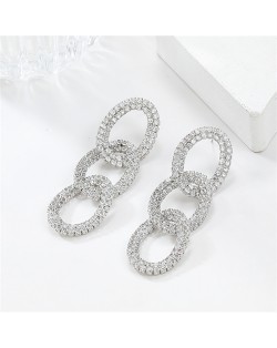 Business Style Bling Full Rhinestone Three Circles Dangle Fashion Wholesale Women Statement Earrings - Silver