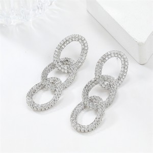 Business Style Bling Full Rhinestone Three Circles Dangle Fashion Wholesale Women Statement Earrings - Silver