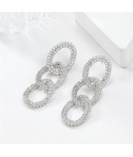 Business Style Bling Full Rhinestone Three Circles Dangle Fashion Wholesale Women Statement Earrings - Silver