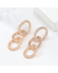 Business Style Bling Full Rhinestone Three Circles Dangle Fashion Wholesale Women Statement Earrings - Golden