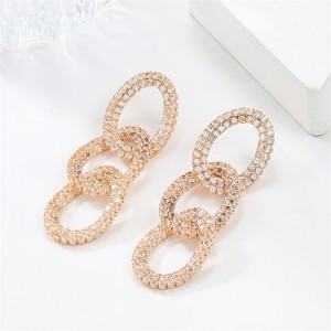 Business Style Bling Full Rhinestone Three Circles Dangle Fashion Wholesale Women Statement Earrings - Golden