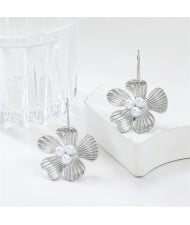 Business Style Elegant Pearl Alloy Flower Fashion Wholesale Women Hook Earrings - Silver