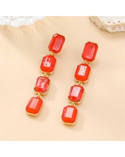 Long Style Colorful Square Rhinestone Fashion Wholesale Women Dangle Earrings - Red