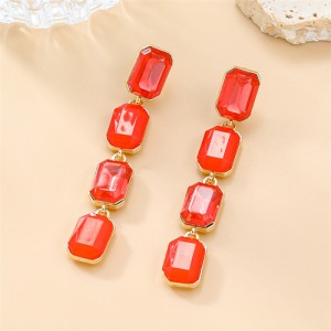 Long Style Colorful Square Rhinestone Fashion Wholesale Women Dangle Earrings - Red