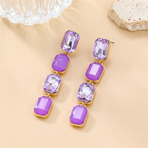 Long Style Colorful Square Rhinestone Fashion Wholesale Women Dangle Earrings - Violet