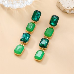 Long Style Colorful Square Rhinestone Fashion Wholesale Women Dangle Earrings - Green