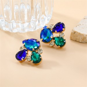 Shiny Flower Ear Studs Colorful Rhinestone Jewelry Fashion Wholesale Women Earrings - Green