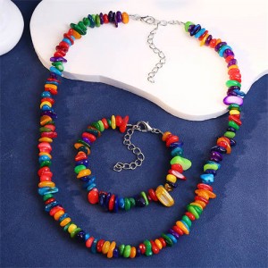 Ethnic Style Gravel Texture Wholesale Fashionable Women Costume Necklace and Earrings Set - Multicolor