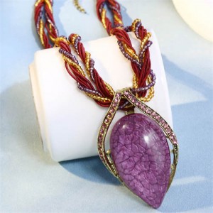 Bohemian Fashion Resin Gem Pendant Weaving Rope Design Wholesale Women Costume Necklace - Purple