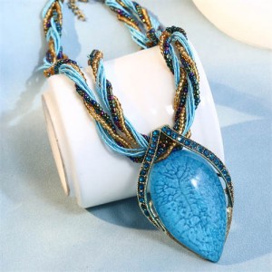 Bohemian Fashion Resin Gem Pendant Weaving Rope Design Wholesale Women Costume Necklace - Blue