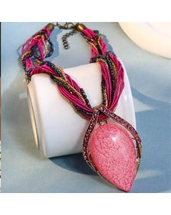 Bohemian Fashion Resin Gem Pendant Weaving Rope Design Wholesale Women Costume Necklace - Pink