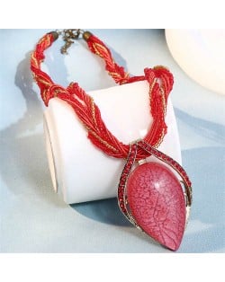 Bohemian Fashion Resin Gem Pendant Weaving Rope Design Wholesale Women Costume Necklace - Red