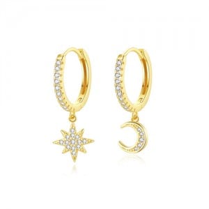Cubic Zirconia Hexagram Star and Moon Asymmetrical Design Wholesale 925 Sterling Silver Earrings