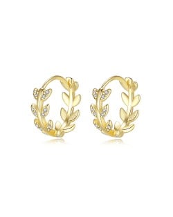 Cubic Zirconia Decorated Leaves Round Shape Women Wholesale 925 Sterling Silver Hoop Earrings