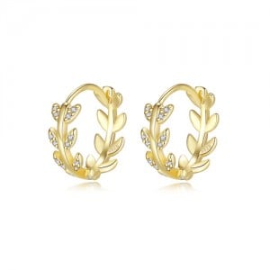 Cubic Zirconia Decorated Leaves Round Shape Women Wholesale 925 Sterling Silver Hoop Earrings