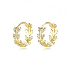 Cubic Zirconia Decorated Leaves Round Shape Women Wholesale 925 Sterling Silver Hoop Earrings