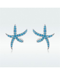 Oscen Theme Blue Cubic Zirconia Decorated Starfish Women Wholesale 925 Sterling Silver Earrings