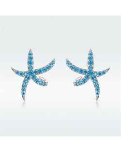 Oscen Theme Blue Cubic Zirconia Decorated Starfish Women Wholesale 925 Sterling Silver Earrings