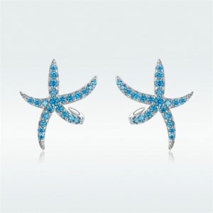 Oscen Theme Blue Cubic Zirconia Decorated Starfish Women Wholesale 925 Sterling Silver Earrings