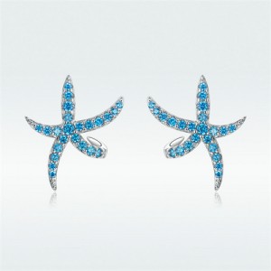 Oscen Theme Blue Cubic Zirconia Decorated Starfish Women Wholesale 925 Sterling Silver Earrings