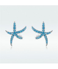 Oscen Theme Blue Cubic Zirconia Decorated Starfish Women Wholesale 925 Sterling Silver Earrings