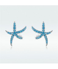 Oscen Theme Blue Cubic Zirconia Decorated Starfish Women Wholesale 925 Sterling Silver Earrings