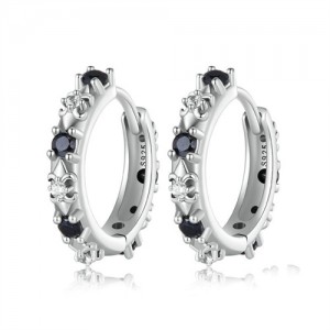 Cool Style Black Cubic Zirconia Hoop Design Women Ear Clips Wholesale 925 Sterling Silver Earrings