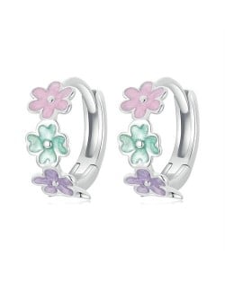 Lovely Pink Colorful Flower Women Wholesale 925 Sterling Silver Small Hoop Earrings