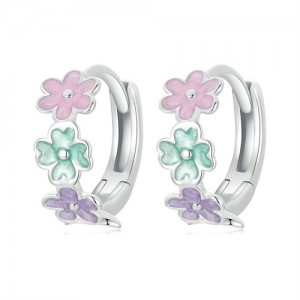 Lovely Pink Colorful Flower Women Wholesale 925 Sterling Silver Small Hoop Earrings