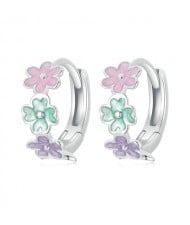 Lovely Pink Colorful Flower Women Wholesale 925 Sterling Silver Small Hoop Earrings