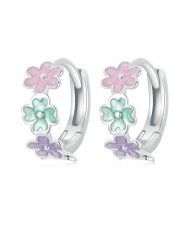 Lovely Pink Colorful Flower Women Wholesale 925 Sterling Silver Small Hoop Earrings