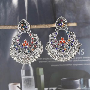 Rhinestone Embellished Retro Palace Fan-shape Fashion Wholesale Women Dangle Earrings - Silver