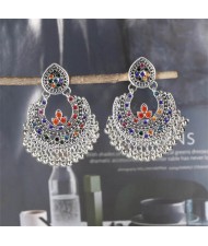 Rhinestone Embellished Retro Palace Fan-shape Fashion Wholesale Women Dangle Earrings - Silver