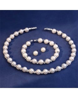 Glistening Rhinestone Decorated Elegant Pearl Wholesale Necklace Bracelet and Earrings 3pcs Wholesale Jewelry Set