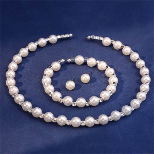 Glistening Rhinestone Decorated Elegant Pearl Wholesale Necklace Bracelet and Earrings 3pcs Wholesale Jewelry Set