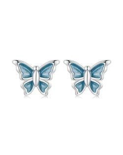 Mini Oil-spot Glaze Blue Butterfly Ear Studs Women Wholesale 925 Sterling Silver Earrings