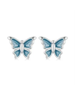 Mini Oil-spot Glaze Blue Butterfly Ear Studs Women Wholesale 925 Sterling Silver Earrings