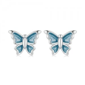Mini Oil-spot Glaze Blue Butterfly Ear Studs Women Wholesale 925 Sterling Silver Earrings