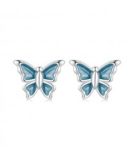 Mini Oil-spot Glaze Blue Butterfly Ear Studs Women Wholesale 925 Sterling Silver Earrings