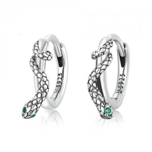 Vintage Color Green Eyes Snake Design Ear Clips Women Wholesale 925 Sterling Silver Earrings