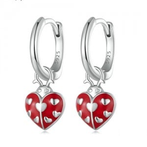 Peach Heart Shape Design Red Ladybug Pendant Women Wholesale 925 Sterling Silver Earrings