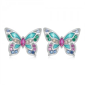 Fine Jewelry Mini Ear Studs Colorful Cubic Zirconia Butterfly Women Wholesale 925 Sterling Silver Earrings