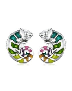 Fine Jewelry Animal Element Colorful Oil-spot Glaze Chameleon Women Wholesale 925 Sterling Silver Earrings
