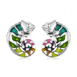 Fine Jewelry Animal Element Colorful Oil-spot Glaze Chameleon Women Wholesale 925 Sterling Silver Earrings