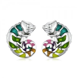 Fine Jewelry Animal Element Colorful Oil-spot Glaze Chameleon Women Wholesale 925 Sterling Silver Earrings