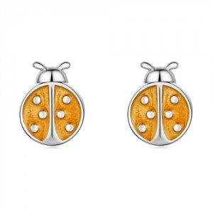 Fine Jewelry Animal Element Orange Ladybug Mini Ear Studs Women Wholesale 925 Sterling Silver Earrings
