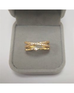 Bling Rhinestone Cross Design Fashion Wholesale Women Romantic Alloy Wedding Ring - Golden